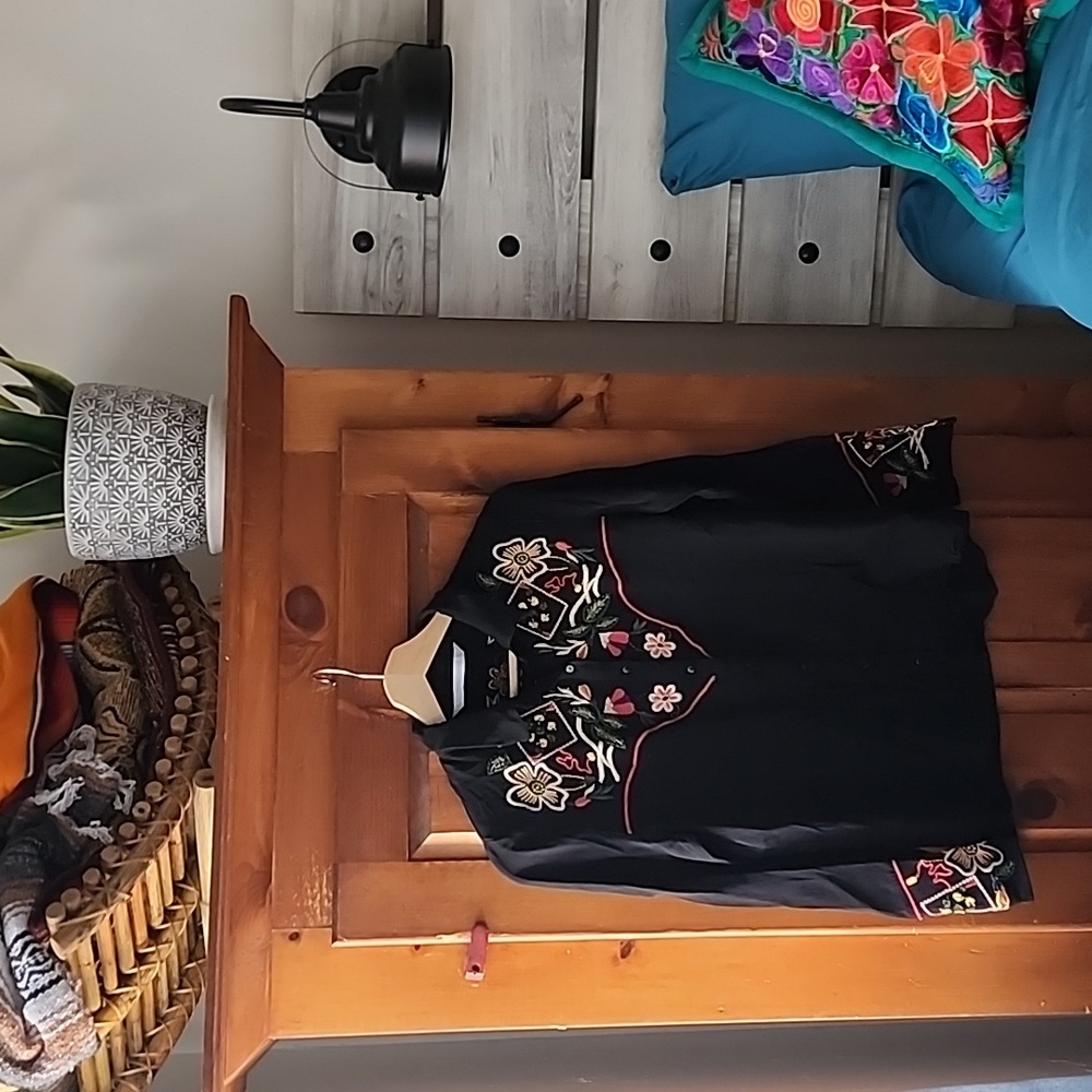 Black Embroidered Floral Button-Up Shirt